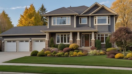 A large two story house with a three car garage and a well manicured lawn in a suburban neighborhood