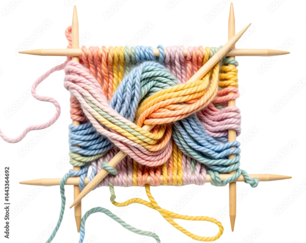 Aufkleber close-up of a vibrant knitting project in progress, showcasing colorful yarns and wooden needles int