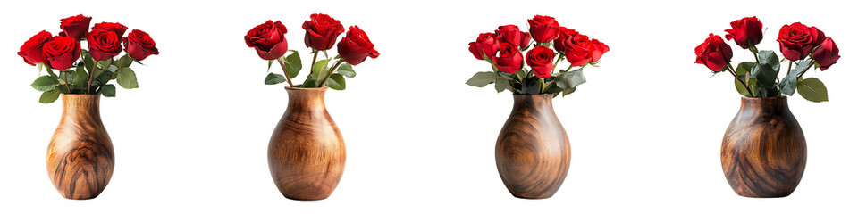 Obraz premium Set, group, collection of wooden vase with red rose flowers isolated on transparent background.