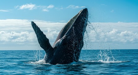 Naklejka premium Whale Breaching Surface of Ocean Releasing Splashes