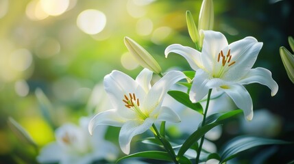 White lilies in sunlit garden