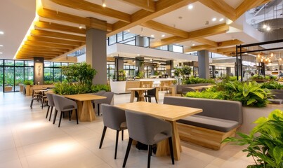 Modern, light-filled food court with comfortable seating and greenery
