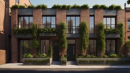 Exterior view of modern brick townhouses with greenery and large windows on a sunny day scene