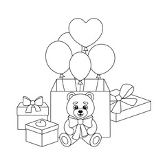 Black and white greeting card with gifts. Teddy bear with big bow, two present boxes, air balloons in gift box.
