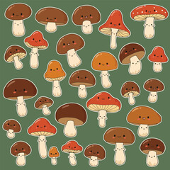 Cute cartoon autumn mushrooms collection. Fall forest mushrooms harvest in simple flat style