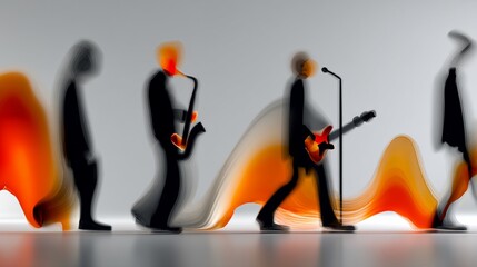 Abstract band silhouettes performing on stage with flowing orange/white colors