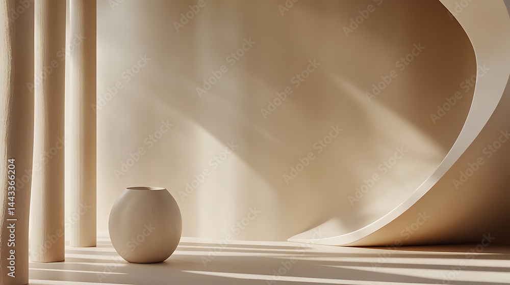 Poster minimalist creamy beige background with textured columns and curved stage