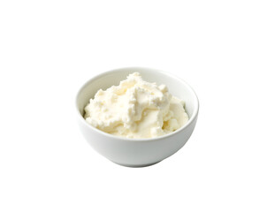 Close-up presentation of a single, delectable serving of creamy cottage cheese in a pristine white bowl offering a healthy snack option or ingredient for diverse culinary creations