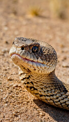 Fototapeta premium A close-up of a coiled rattlesnake in the desert, its rattle raised and tongue flicking.