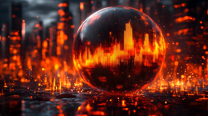 Illuminated sphere showing a city skyline surrounded by an orange shimmering cityscape on a reflective ground