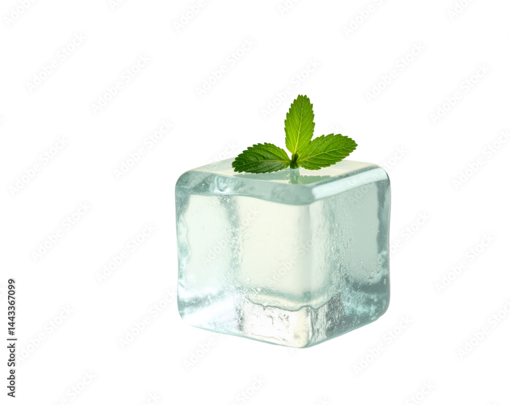 Aufkleber close-up view of a translucent ice cube topped with fresh green mint leaves displaying refreshment a