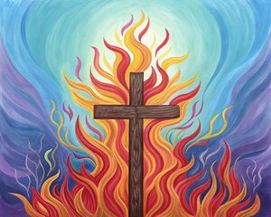 A vibrant painting of a cross surrounded by colorful, swirling flames, symbolizing passion and spirituality.