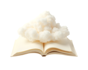 Conceptual Art, Fluffy Cloud Resembling Open Book Symbolizing Knowledge, Imagination, and Dreams - A Whimsical Depiction of Storytelling and Boundless Creativity