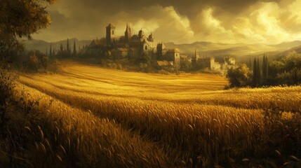 Fototapeta premium The wheat fields are ripe and golden, reaching as far as you can see. It's almost time to gather the crops. 