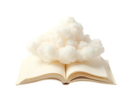 Conceptual Art, Fluffy Cloud Resembling Open Book Symbolizing Knowledge, Imagination, and Dreams - A Whimsical Depiction of Storytelling and Boundless Creativity