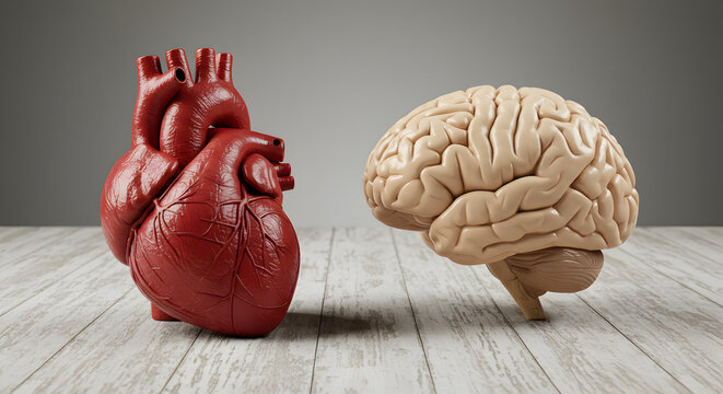 Anatomical Heart and Brain Model on Wooden Tabletop in Grey Background - Powered by Adobe