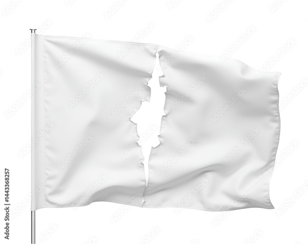 Poster conceptual image of a torn white flag symbolizing challenges imperfection or protest against existin