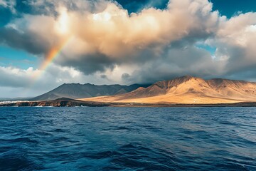 Serene Seascape Rugged Coastline, Rainbow, Dramatic Clouds, Island Landscape