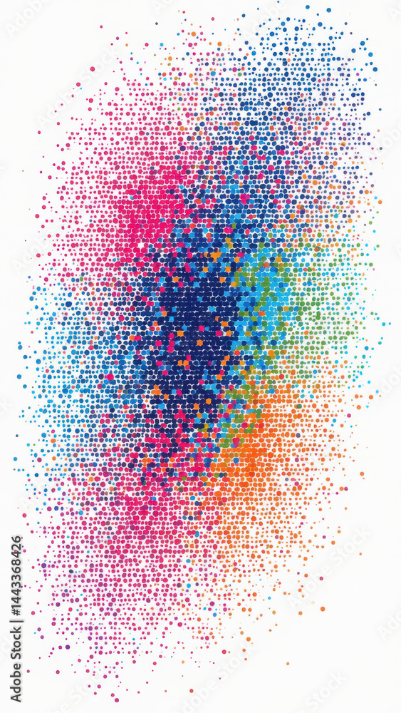Poster colorful atomic structure with vibrant hues representing particles.