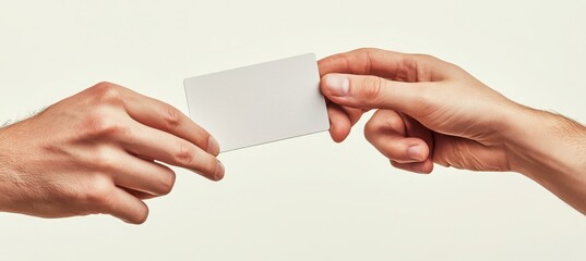 Two Hands Exchanging A Blank White Card Against A Light Background