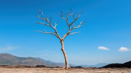 Fototapeta premium Rare earth pollution Concept, A Solemn Dead Tree Standing Alone in a Devastated Landscape under a Clear Blue Sky