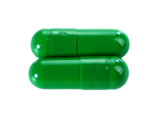 Two green capsule pills isolated on white background.