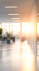 Blurred modern office background with bright lighting and panoramic windows