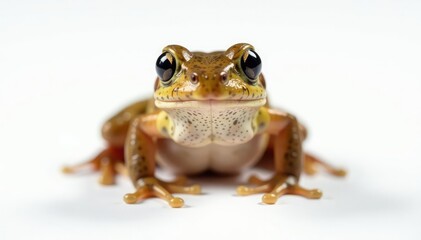 Obraz premium Small brown frog on pure white, speckled skin visible, white background, background, speckled