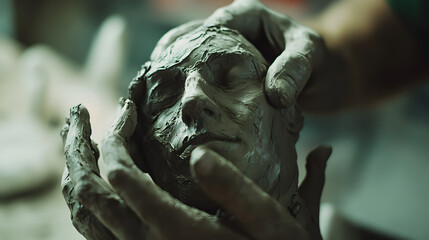 Sculpting a Masterpiece: A sculptor's hands deftly shape a clay bust, capturing the essence of a human face in a moment of intense creation.
