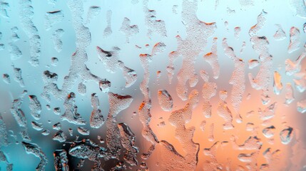 Dewdrops and condensation patterns on a frosted window.