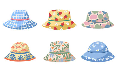 Childrens hats set. Bright headwear for girls and boys. Head accessories design vector illustration in flat style