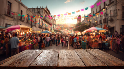 Fototapeta premium Blurred Cinco de Mayo Street Market Behind a Rustic Table Setting