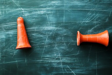 Two Orange Megaphones on Dark Turquoise Distressed Scratched Chalkboard Texture