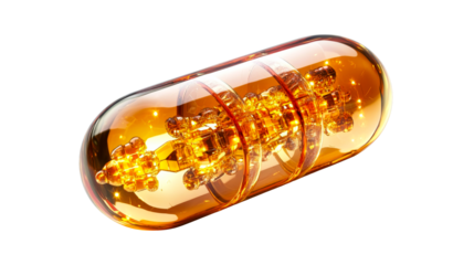 Capsule with inner metallic structure, cut out transparent