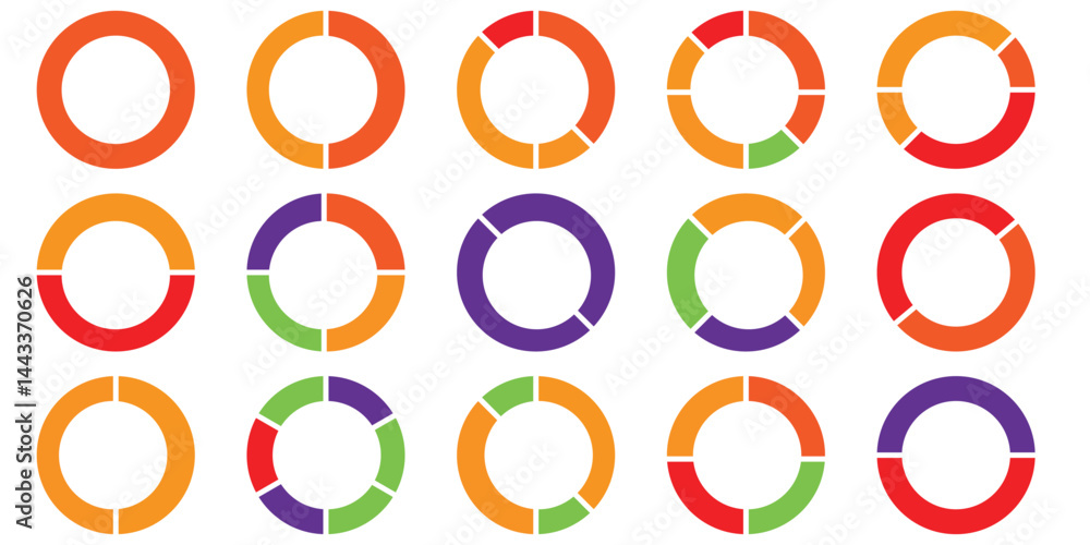 Poster pie charts diagrams. different color circles. donut and pie chart infographic elements set. colorful