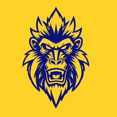 Angry Blue Mandrill Monkey Head Vector on Yellow Background