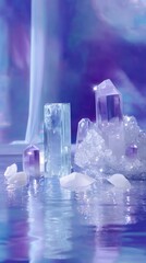 Magical arrangement of aquamarine, amethyst and moonstone crystals creating a flowing water and moon pattern, glowing with inner light, sparkles and gentle blue-purple light rays.