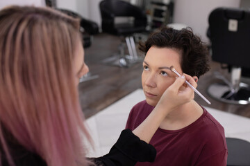 Young lady comes to beauty salon to do professional makeup. Makeup artist lightly applies...