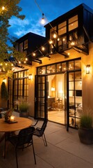 Fototapeta premium Modern patio at dusk, with string lights and open view of home