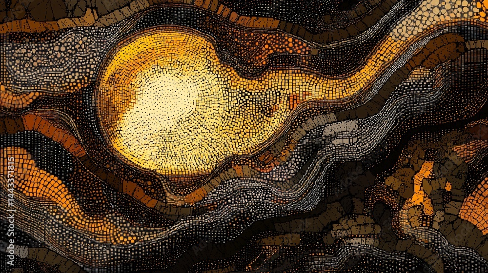 Poster enigmatic heart embedded in rock captured in abstract art style featuring dotted texture and golden 