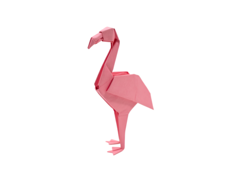 Delicate pink origami flamingo standing gracefully with artistic paper folds, showcasing creativity and precision in animal representation and nature inspired artistic creations