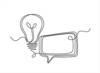 Quick tips.Continuous one line drawing of light bulb and speech bubble. Trendy line art vector on a white background. Vector illustration. Editable stroke. 