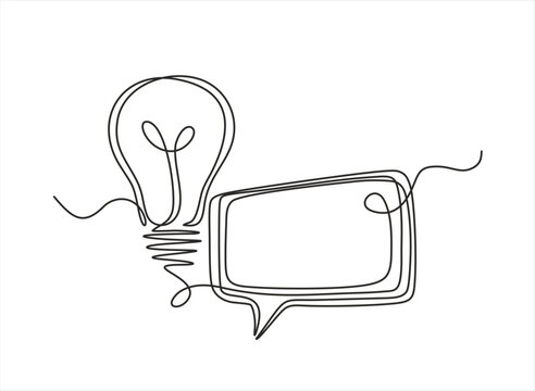 Quick tips.Continuous one line drawing of light bulb and speech bubble. Trendy line art vector on a white background. Vector illustration. Editable stroke. 