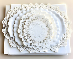 White plates are decorated with round ornate doilies The plates sit upon stacked paper