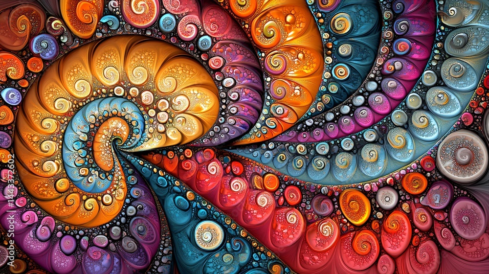 Poster colorful abstract painting with intricate fractal patterns and dramatic contrast that evokes emotion
