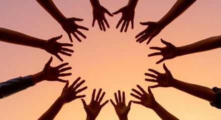 Hands reaching circle against sunset sky