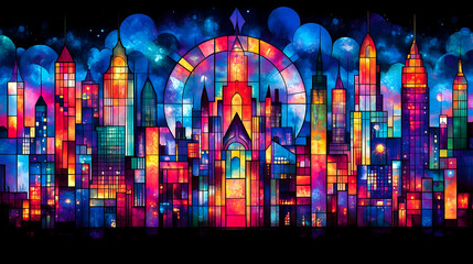 A stained glass city skyline with a cosmic blue background