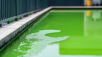 Rare earth pollution Concept, Toxic Green Water Body with Algal Bloom in a Pool Near a Fence in a Rare Earth Environment