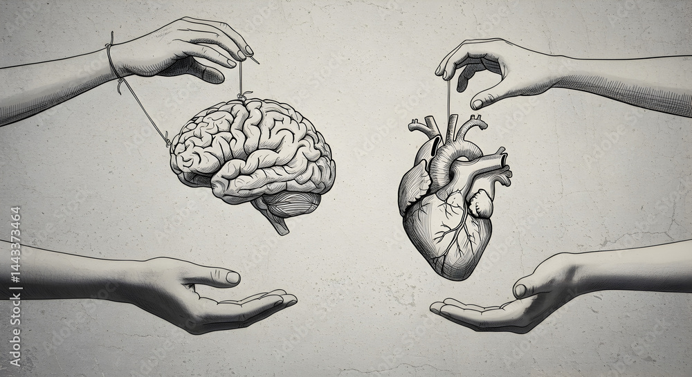 Poster concept art of hands balancing a brain and a heart in a minimalist gray scale background