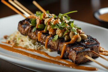 Grilled meat skewers served with spicy peanut sauce, herbs and noodles on a white plate in gourmet presentation